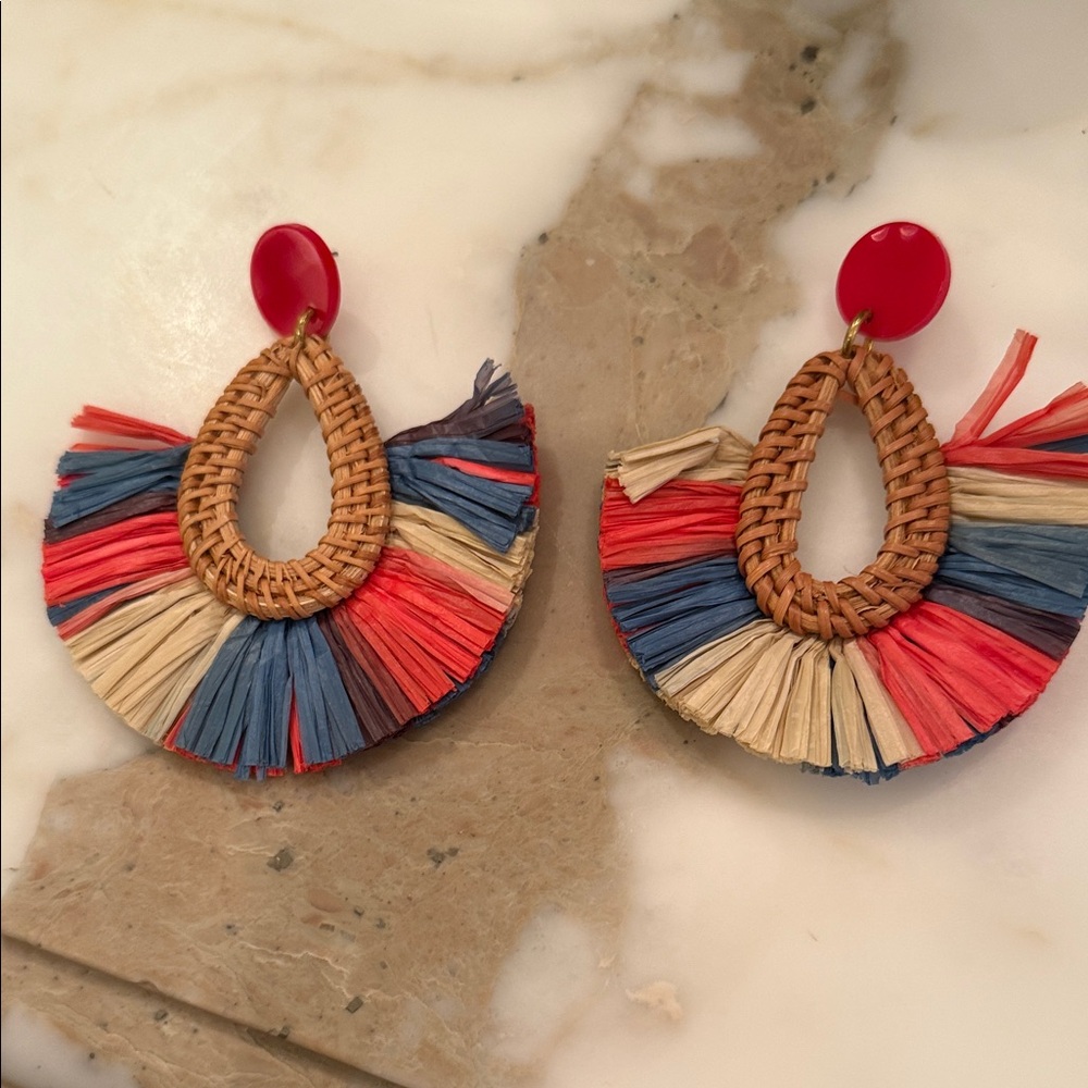 Colorful Woven rattan Teardrop Earrings with red acrylic post